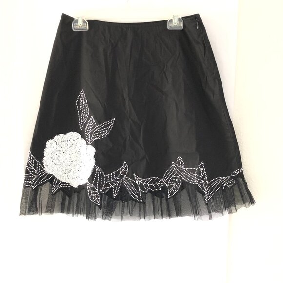 NEW Cache Poodle type beaded Black skirt size 6 White Sequin Mesh Hem - Picture 1 of 9